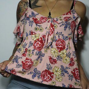 American Rag Women's Medium Cold Shoulder Blouse Pink Floral
